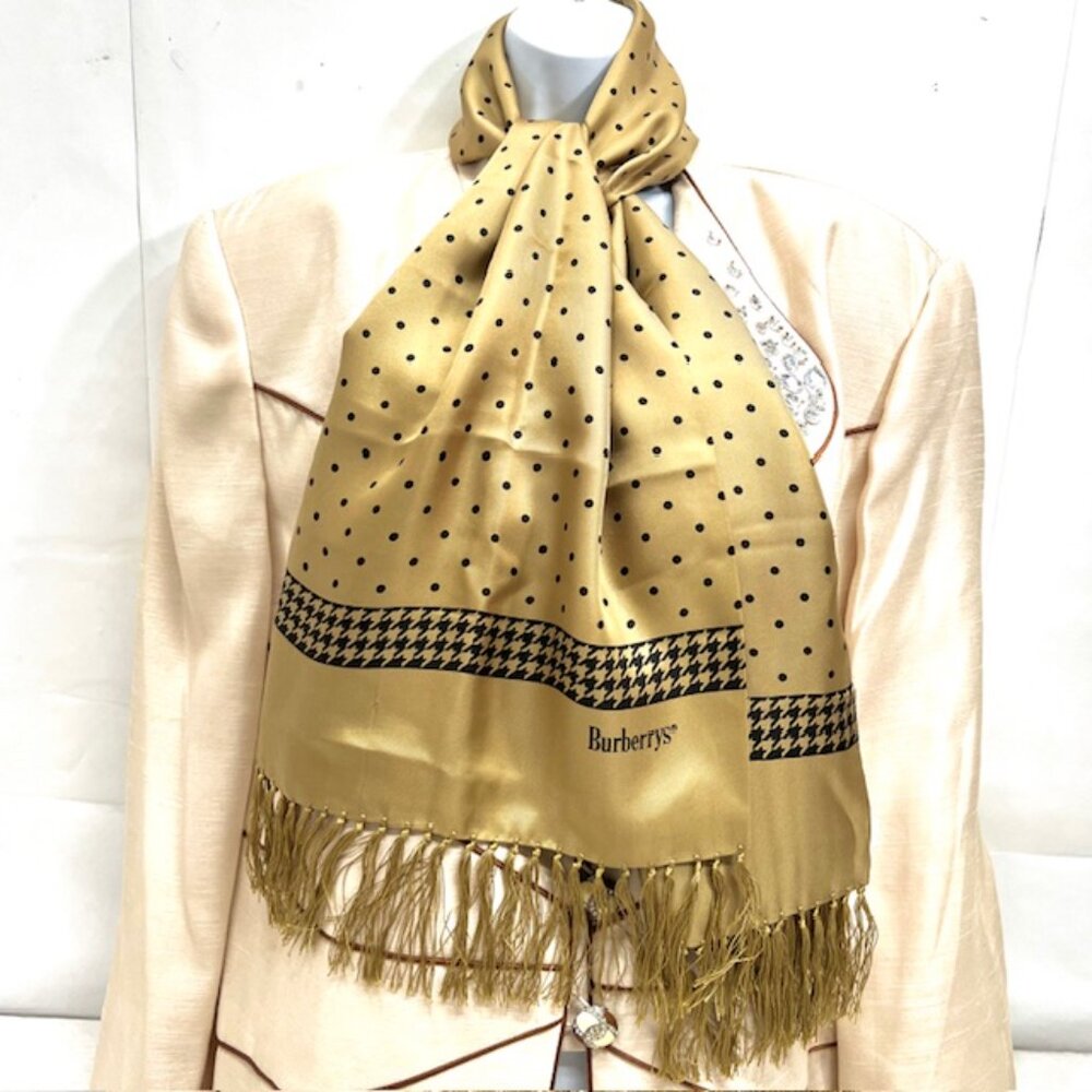 Beautiful Burberrys 100% Silk Satin Scarf 60"x15"Olive Beige Back dott Fring (62